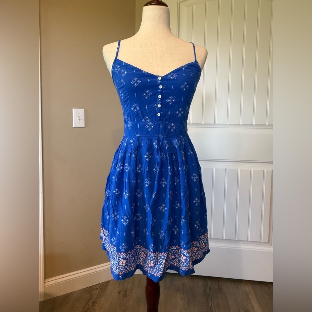Abercrombie Fitch Blue White Geometric Print Smocked Back Sundress M